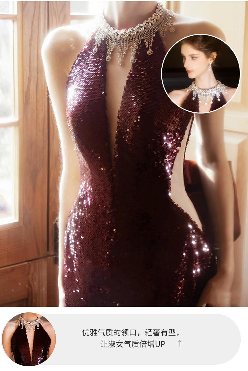 TOAST Clothing 2024 New High Sense Wine Red Bride Engagement Formal Dress Banquet Temperament Host Evening Dress Women