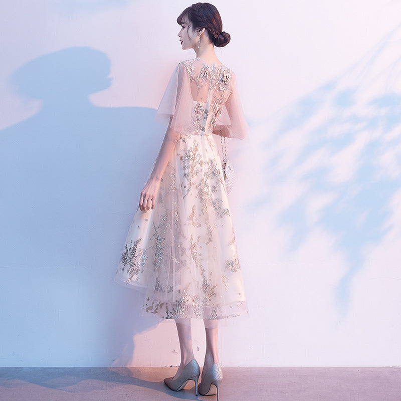 Evening Dress for Women Banquet Temperament Fairy Light Luxury Minority High-End Host Short Front Short Back Length Dress
