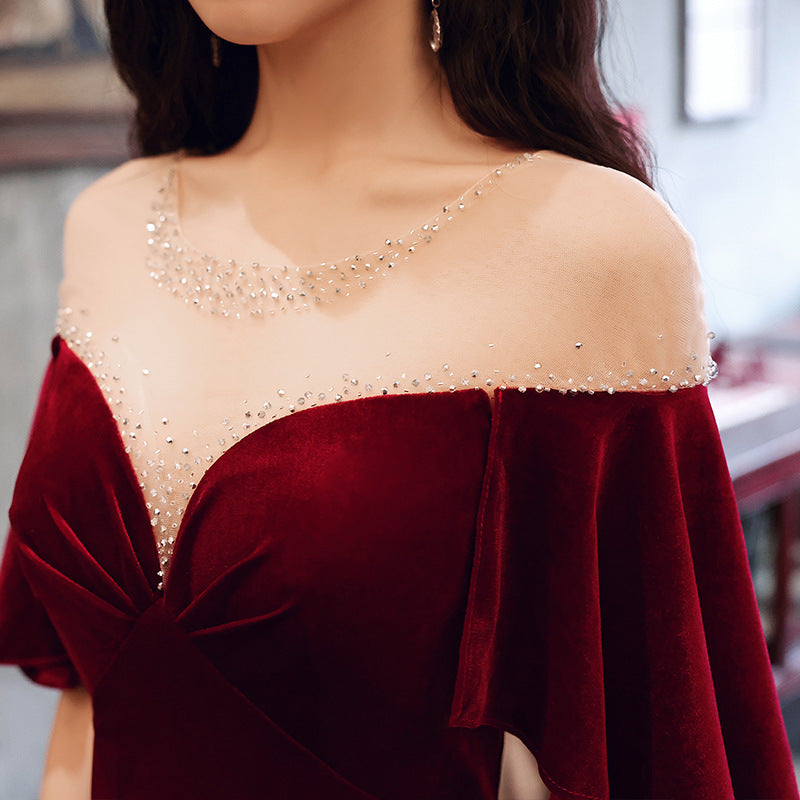 Toast Dress Bride 2024 New Autumn Wine Red V-neck Banquet Evening Dress Elegant Figure Flattering Wedding Toast Dress