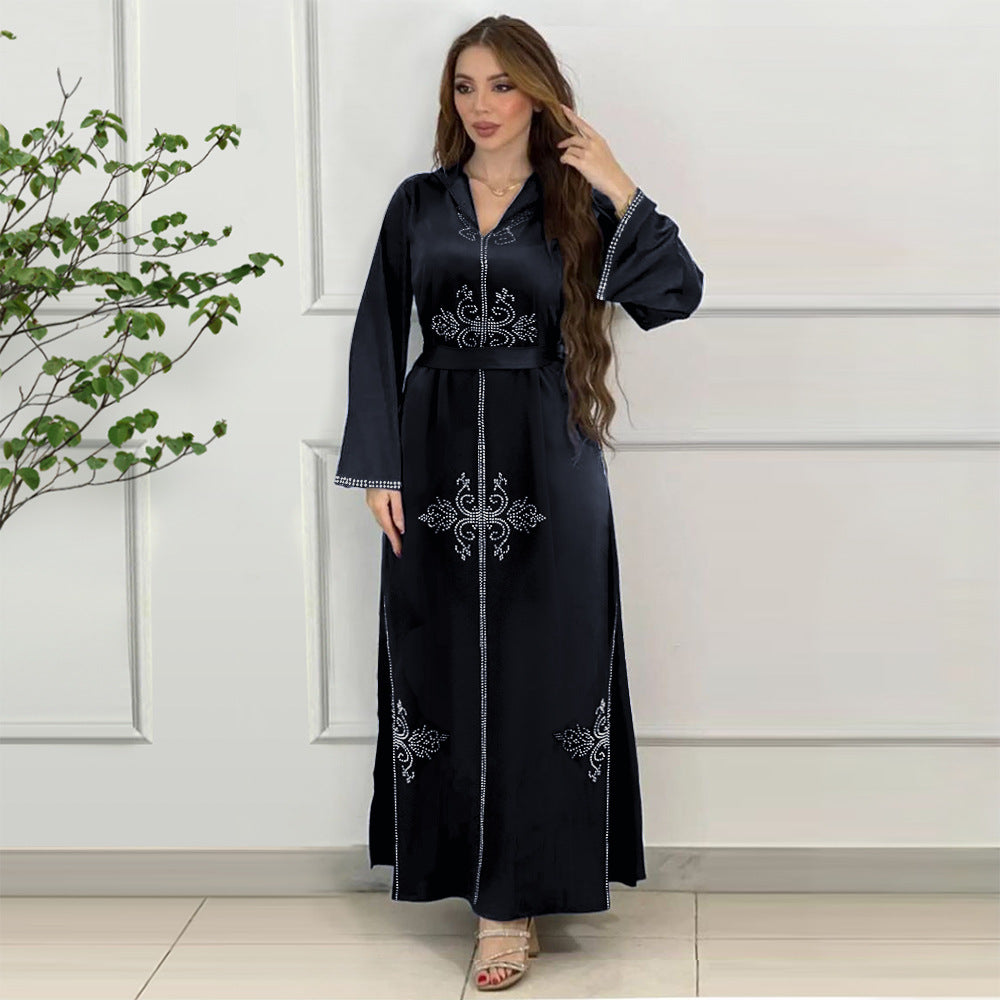 Xqy500157 Middle East Abaya Ethnic Style Dress Hooded Robe Fashion Diamond-Embedded Slits Lower Hem Dress