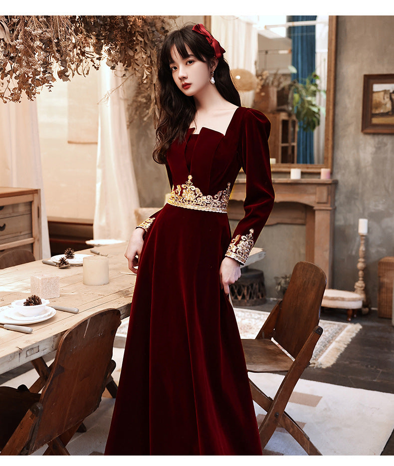 Wedding Toast Dress 2024 New Velvet Wine Red Long Bride Long Evening Dress Autumn Elegant Toast