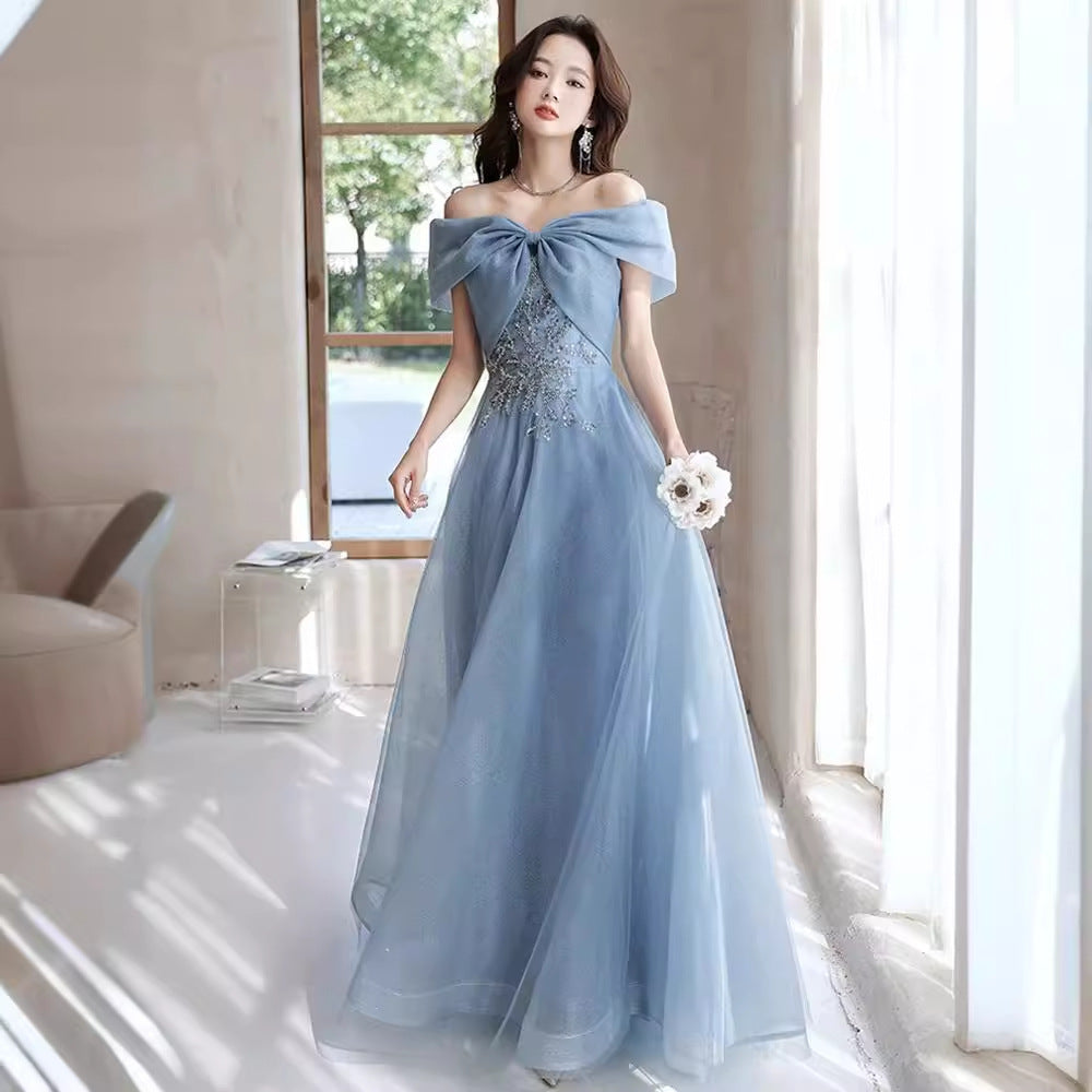 off-Shoulder Blue Evening Dress for Women Banquet Temperament French Entry Lux Niche High-End Host Art Exam Chorus Clothing