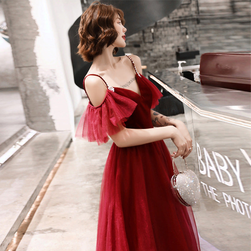 Toast Dress Bride Wine Red Dress Slimming Temperament 2022 New Banquet Strap Handmade Marriage Engagement Dress