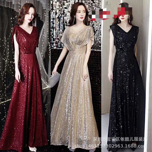 Starry Skirt Dignified Temperament Bride Toast Dress V-neck Slimming Sequined Long Dress Dinner Performance Dress Chorus