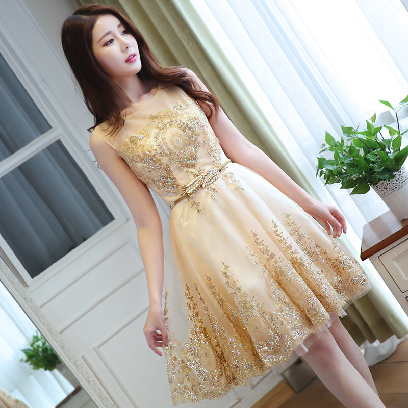 Bridesmaid Dress Short New Fashion Host Gold Evening Dress Slimming Dress for Women