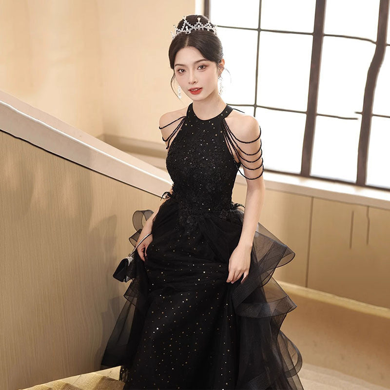 Black Evening Dress 2024 New Banquet Dinner Party Welcome Dress Elegant Host Elegant French Evening Dress for Women