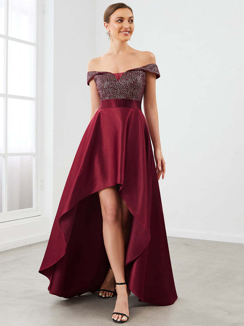 Europe and America Cross Border Foreign Trade off-Shoulder Evening Dress off-Shoulder Sequins High-End Banquet Graceful Satin Dress Small Tail
