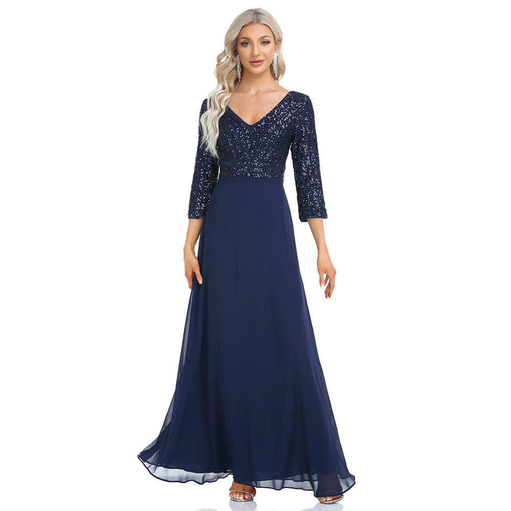 2023 Spring and Summer Women's Chiffon Bridesmaid Dress Double V-neck Dress 3/4 Sleeve A- line Large Hem Sequin Stitching Evening Dress