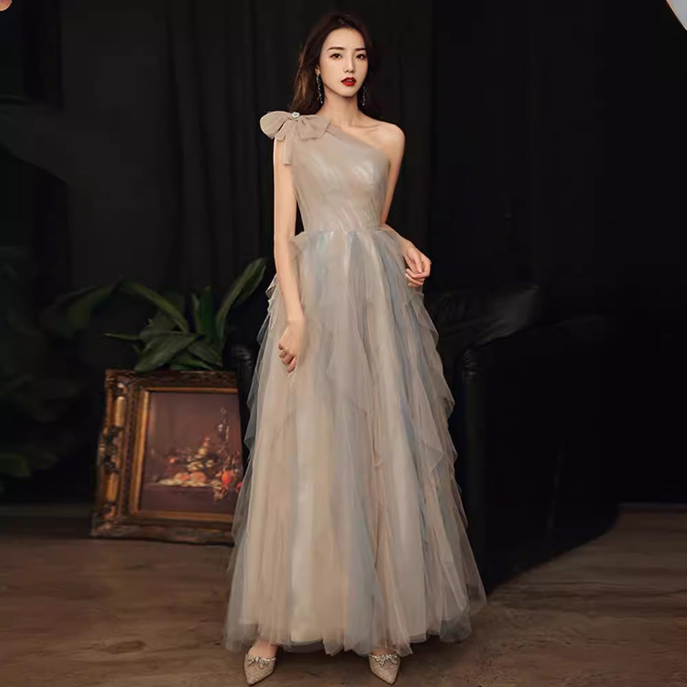 Annual Party Evening Dress Women's 2024 Belt Oblique Shoulder Design Socialite Host Dress Temperament Piano Performance Dress