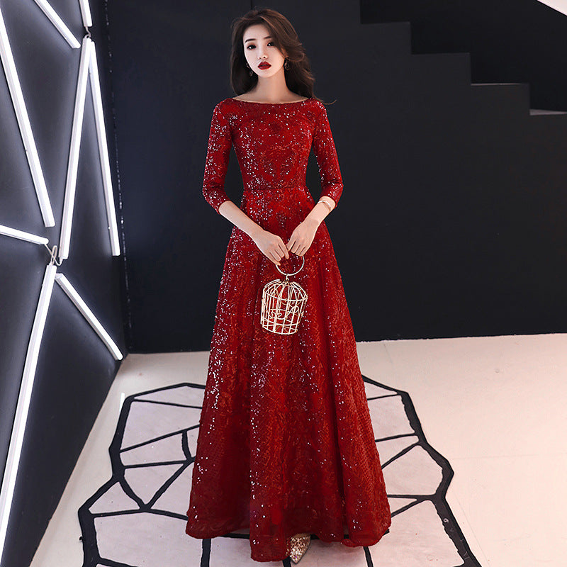 Bridal Toast Clothing 2024 Summer New Wine Red Marriage Engagement Back-to-Door Long Dinner Chinese Style Toast Dress