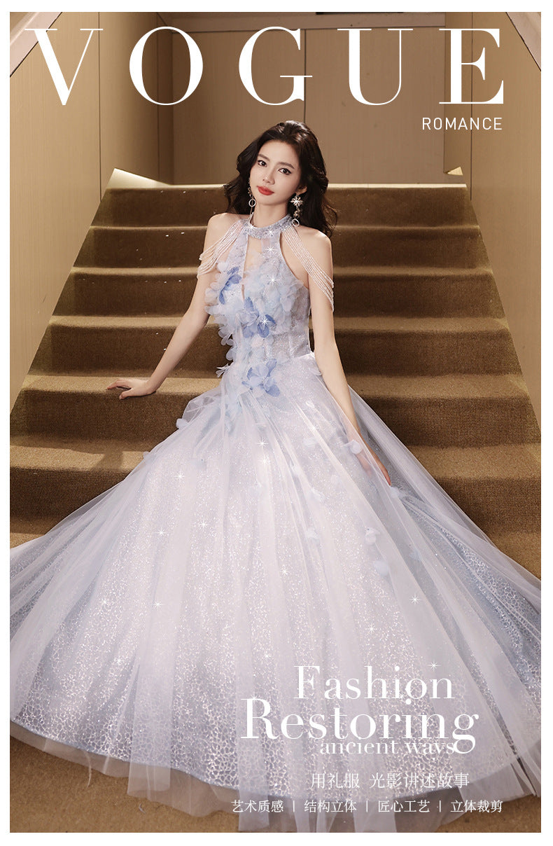 Wedding Dress Evening Dress for Women Light Luxury Minority High-End Blue Graduation High School Beautiful Umbrella Princess Dress Adult Ceremony Girl