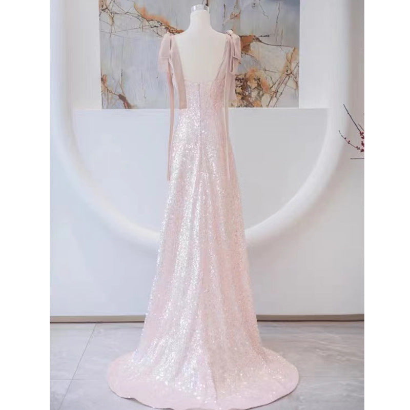 Pink Evening Dress Women's Sequined Mopping Sleeveless Niche Banquet Temperament Socialite Host Annual Party Evening Dress