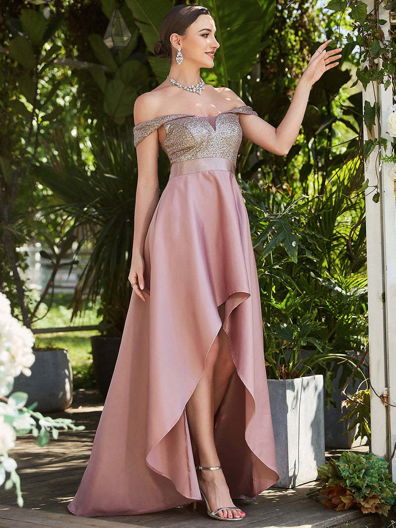 Europe and America Cross Border Foreign Trade off-Shoulder Evening Dress off-Shoulder Sequins High-End Banquet Graceful Satin Dress Small Tail