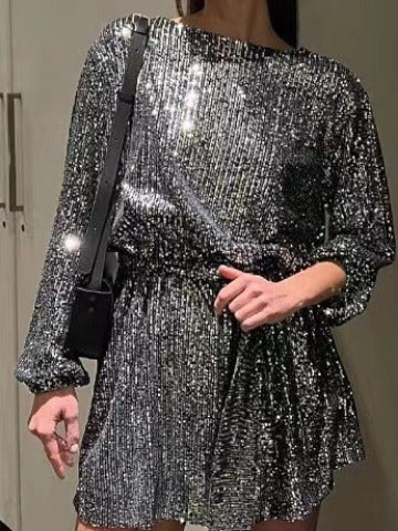 European and American Independent Station round Neck Tied Festival Party Bling Beaded Dress Elegant Sequin Formal Dress
