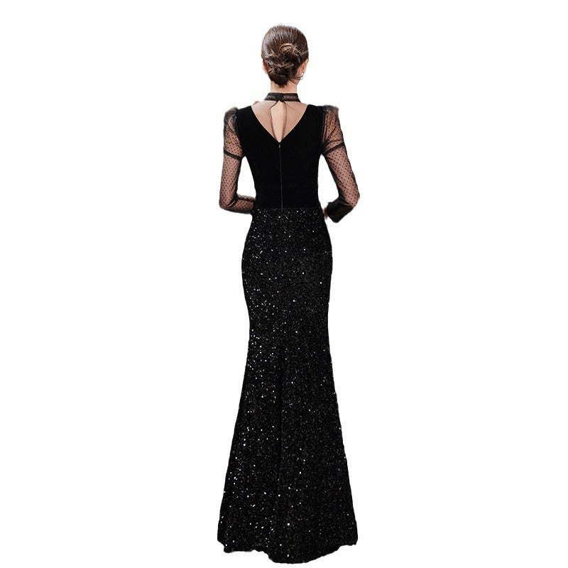 Black Velvet Evening Dress 2024 New Temperament Banquet Fishtail Vocal Dress Art Exam Long Sleeve Host Clothing