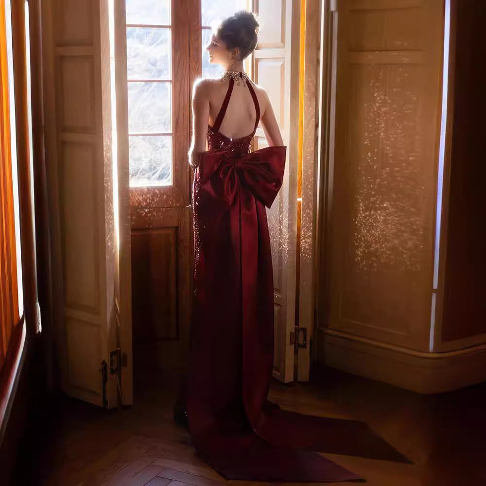 Sequined Toast Dress for Bride Wine Red Engagement Banquet Temperament Long Halter-Style Heavy Work Fishtail Evening Dress for Women