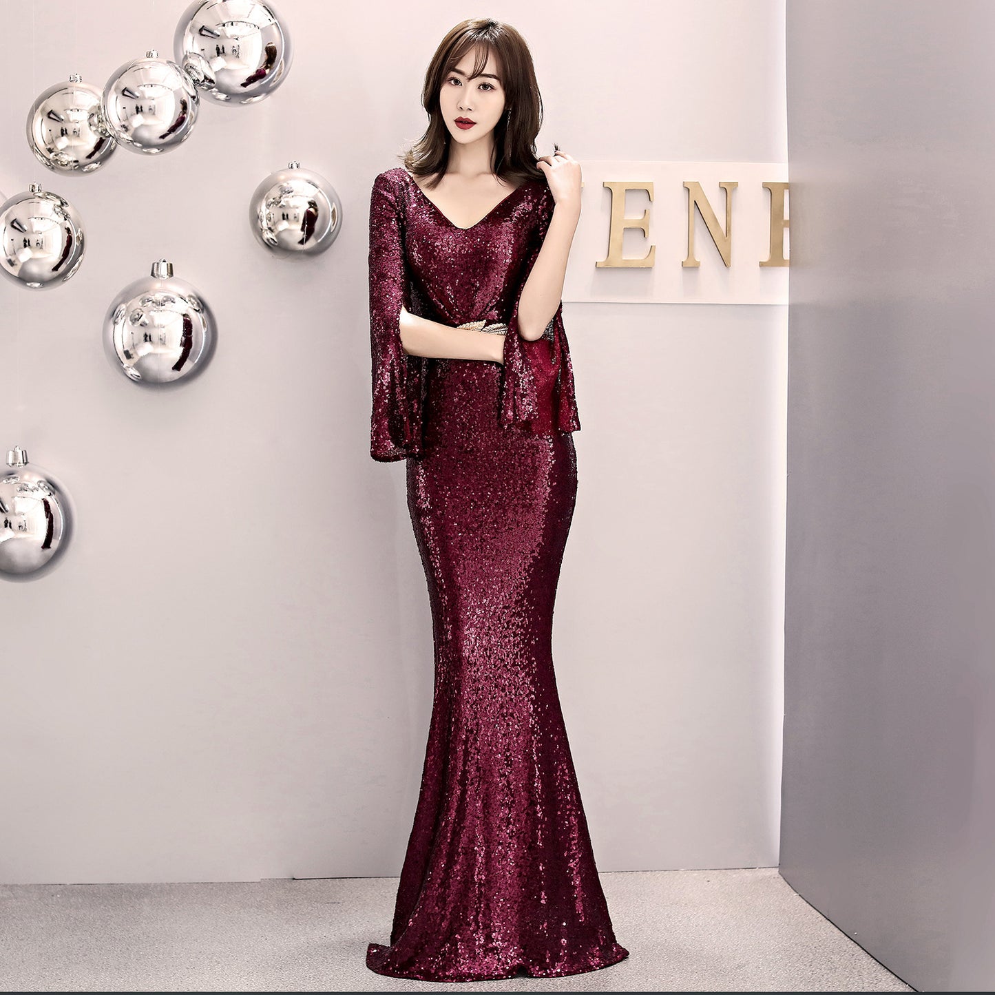 1572# Evening Gown Women's Banquet Elegant Host Sexy Slim-Fit Sequined Long Fish Tail Winter