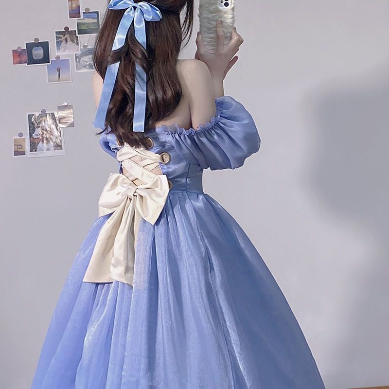 French First Love Organza Backless Lace up Blue Dress Female Tea Break Milk Fufu Escape Princess Super Fairy