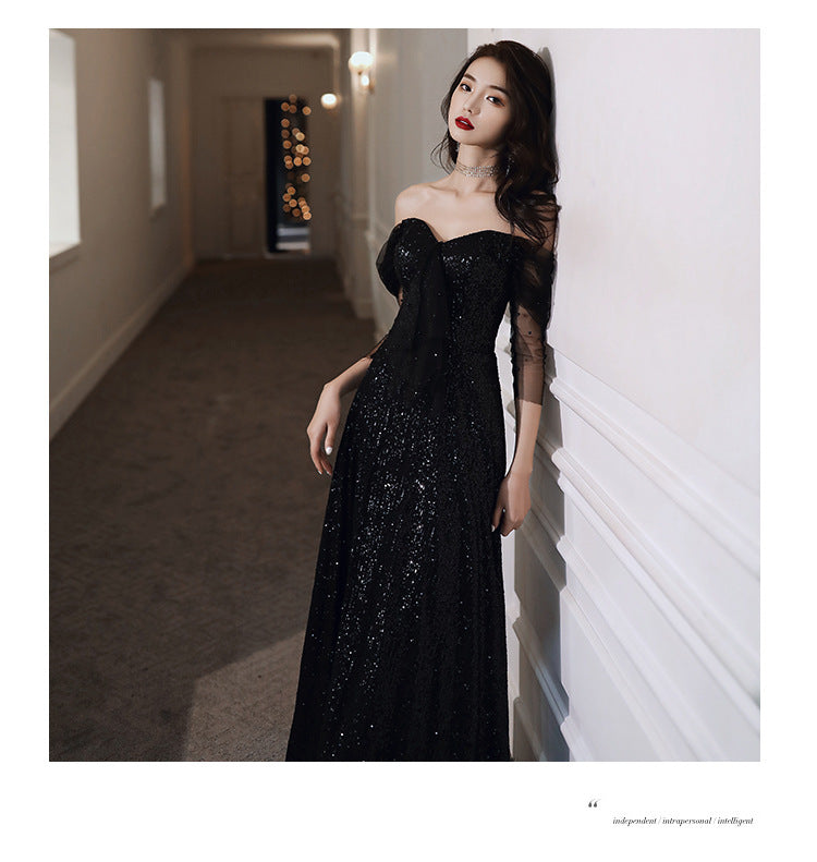 Black Evening Dress Host French Style 2024 New Women's Banquet Temperament Daily Style Slimming Queen Dress