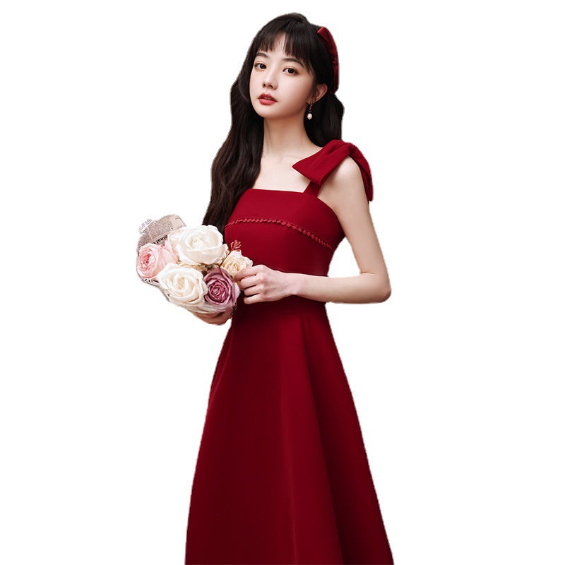 Toast Dress Bride Spring Short Small Wine Red Daily Style Back-to-Door Casual Wear Sling Female Engagement Dress