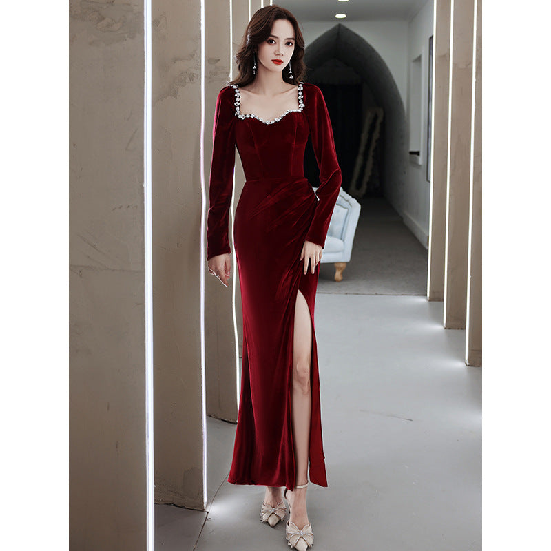 Black Evening Dress 2024 New Banquet Temperament Long Slim Fishtail Split Velvet Socialite Host's Dress