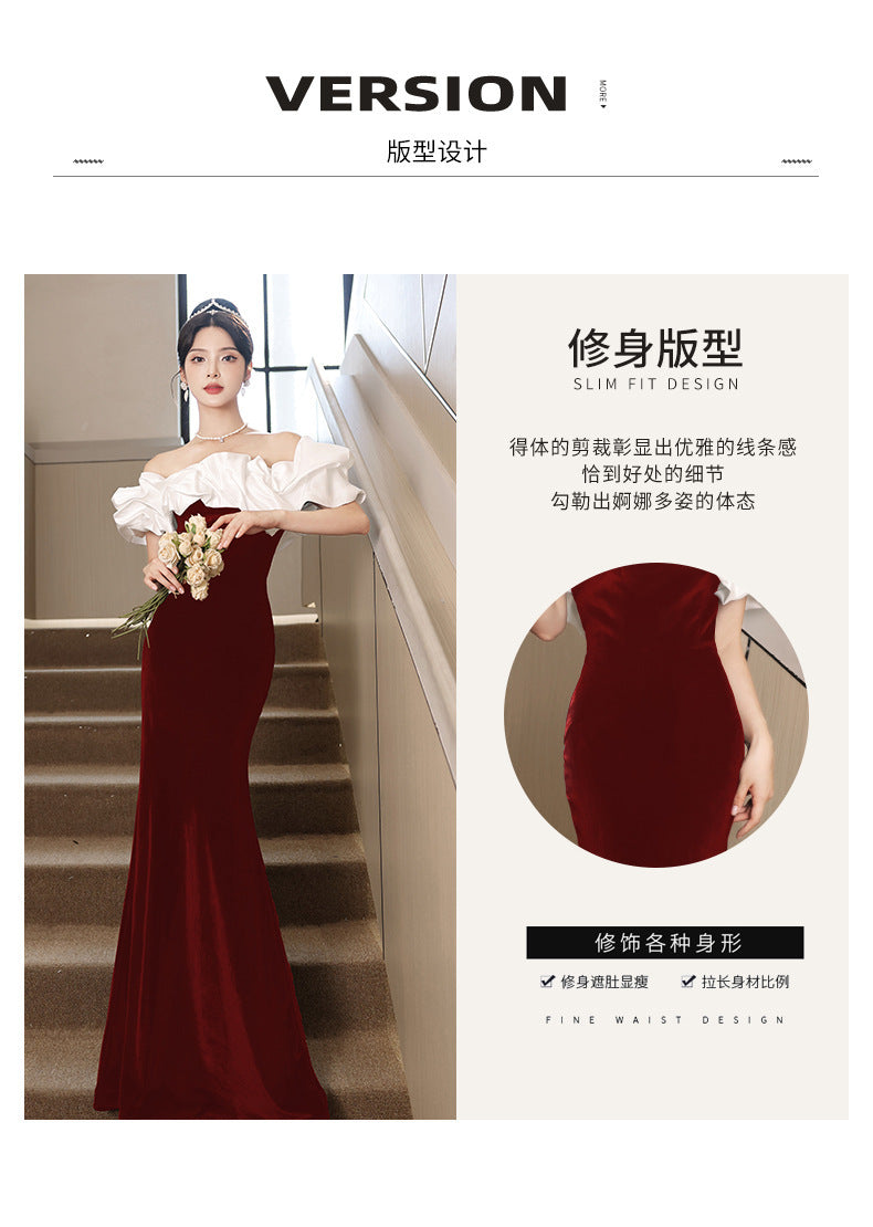 2024 New Summer Red Bardot Temperament Ladies Party Dress Host Dress Slim Fit Fishtail Dress