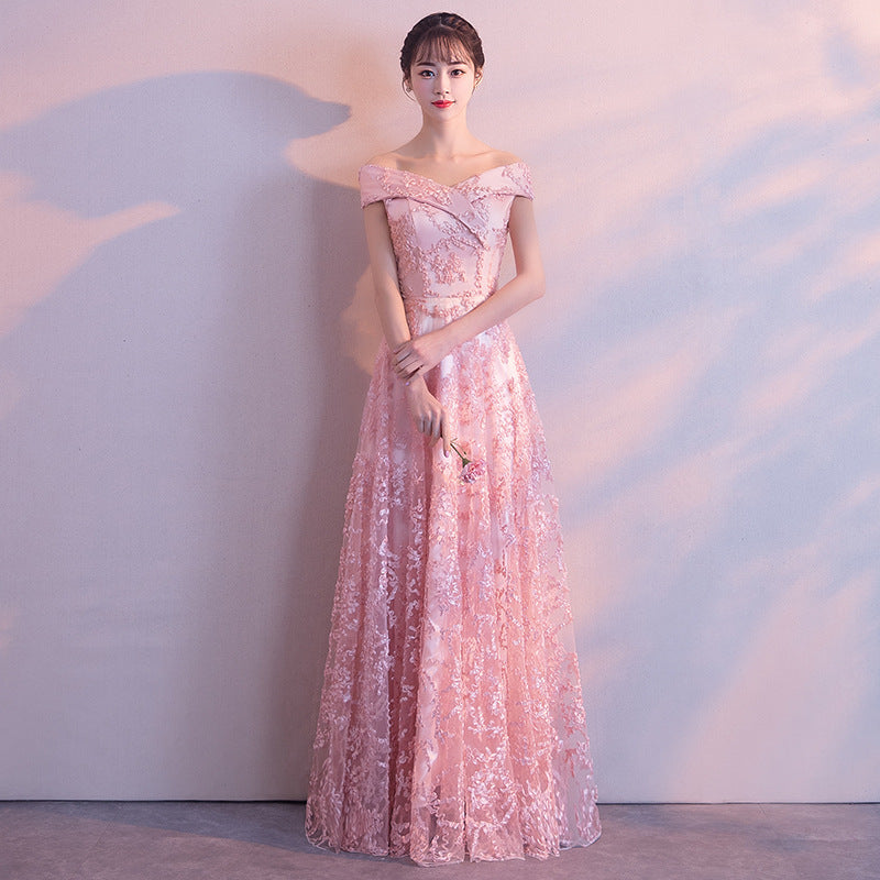 2024 New Summer Red Lace Off-Shoulder Long Slimming Wedding Evening Dress for Bride