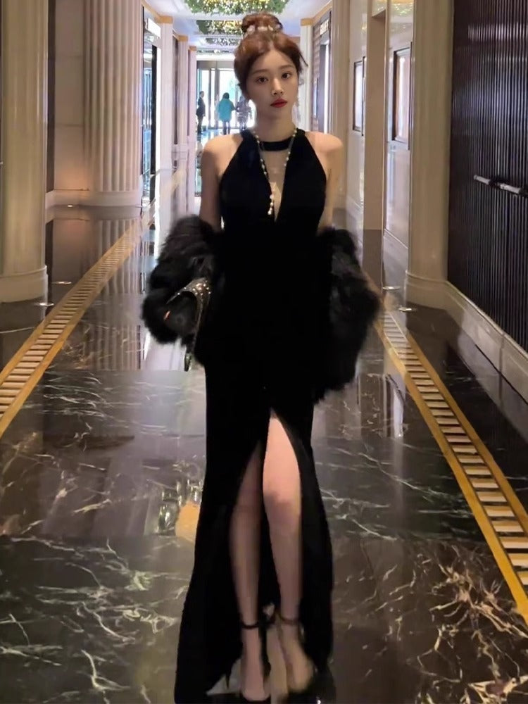 Evening Dress Light Luxury Minority High-End Temperament Socialite Hepburn Wind Black Pure Desire Split Sexy Halter Dress