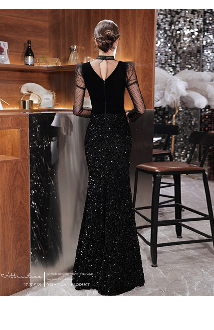 Black Velvet Evening Dress 2024 New Temperament Banquet Fishtail Vocal Dress Art Exam Long Sleeve Host Clothing