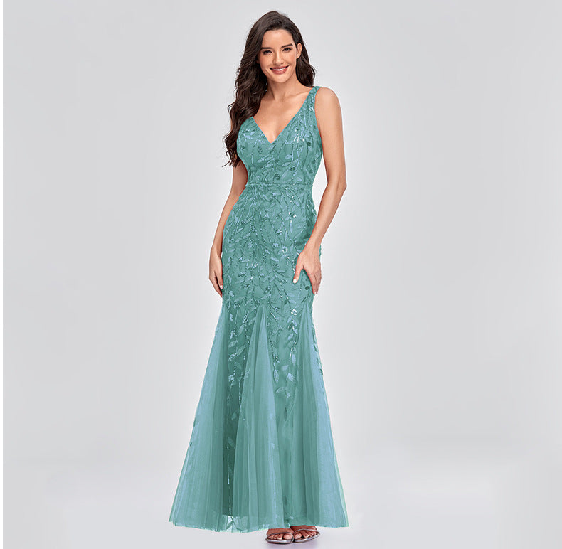 New 2023 Dress Sexy Dress Sleeveless V-neck Embroidery Sequin Slim Fishtail Bridesmaid Evening Dress for Women