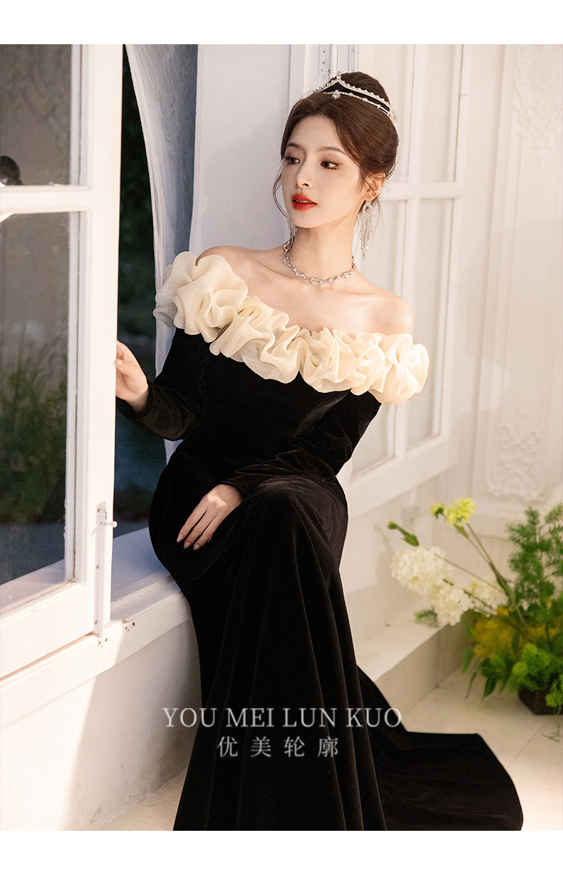 off-Shoulder Black Evening Dress 2024 New Banquet Temperament Host French Entry Lux Niche Long Sleeve Autumn and Winter