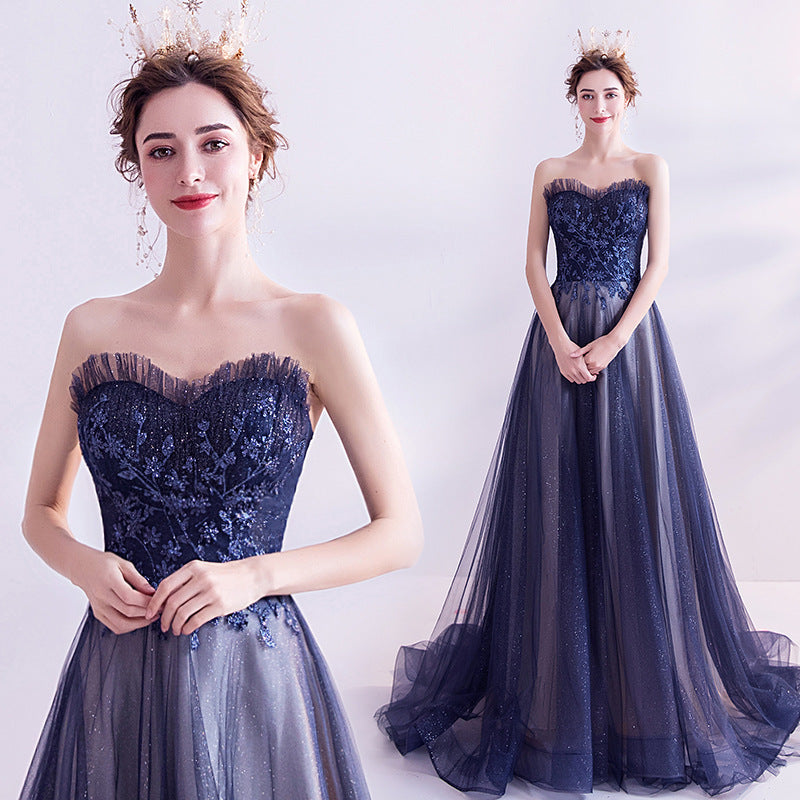 Blue Starry Wedding Dress 2024 New Dinner Long Tail Birthday Party Host Tube Top Pettiskirt