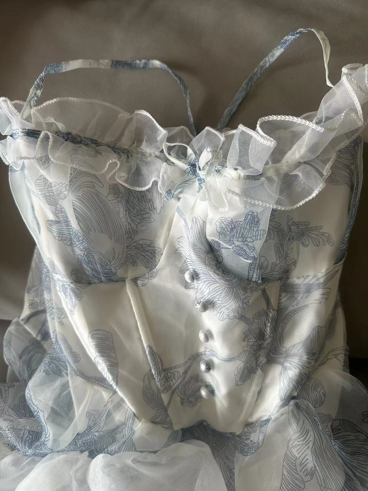 French Blue Floral Strapless Dress Women's Summer Princess Vintage Vintage Lolita Dress