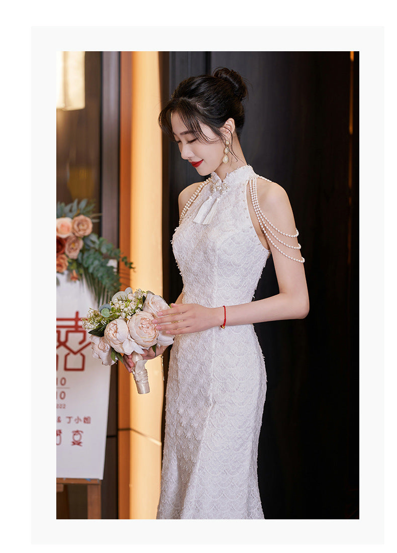 New Chinese Style Registration Slim White Dress Autumn and Winter Improvement Young Cheongsam Engagement Bride Lace Fishtail Dress