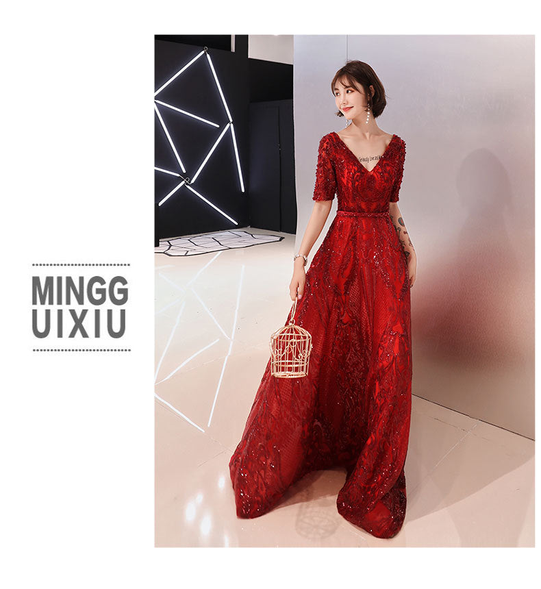 Toast Dress Bride Wedding Evening Dress Temperament Red Engagement Banquet Host Dress Women's Autumn Evening Dress