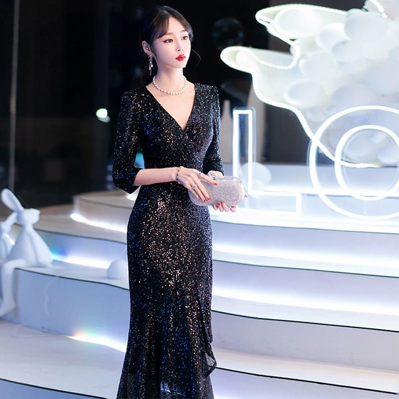 Black Evening Dress High-End Affordable Luxury Niche Female 2024 New Host Birthday Banquet Sequined Fishtail Dress Autumn