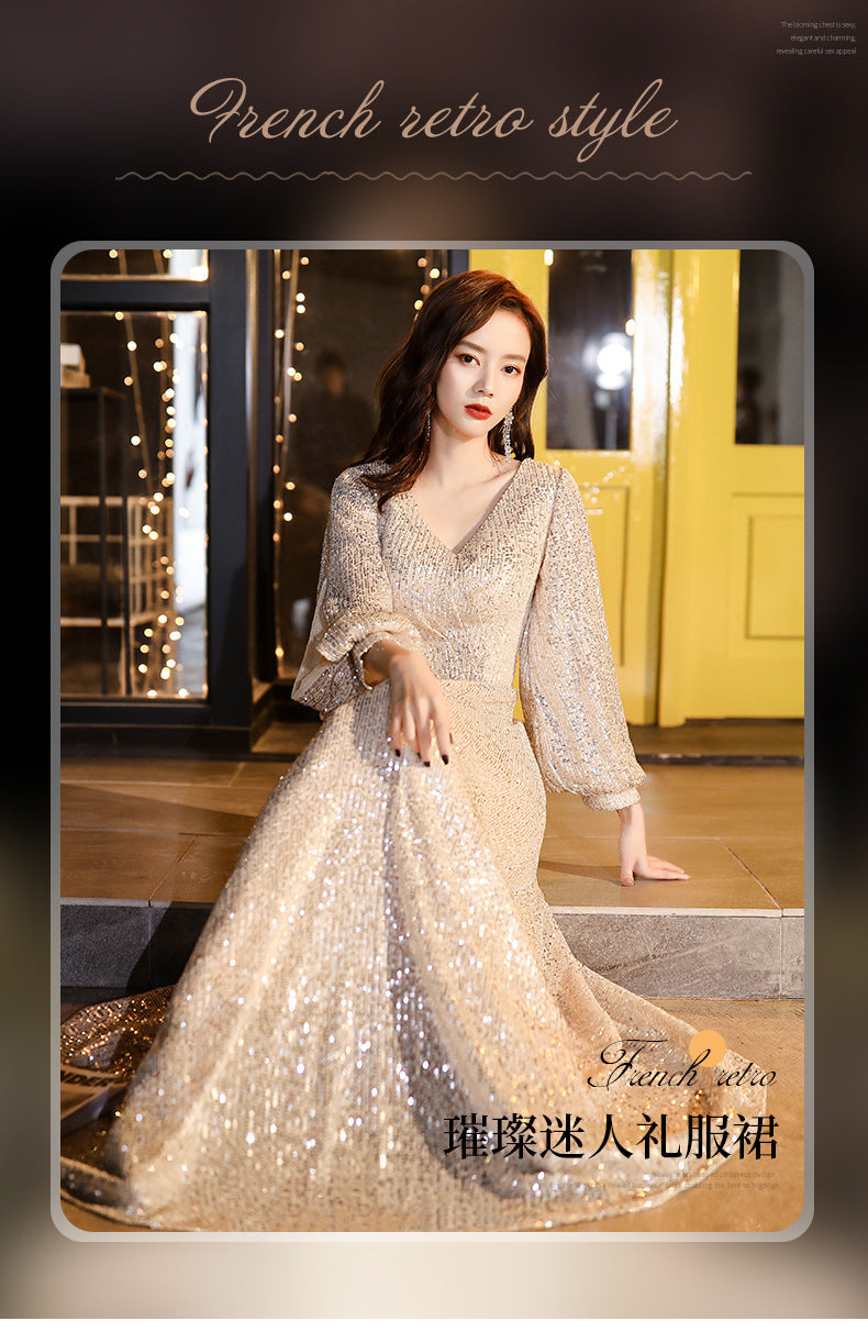 Factory Supply Evening Dress 2024 New Autumn and Winter Long Long Sleeve V-neck Sequins Champagne Annual Party Evening Dress