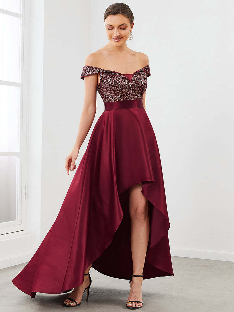 Europe and America Cross Border Foreign Trade off-Shoulder Evening Dress off-Shoulder Sequins High-End Banquet Graceful Satin Dress Small Tail