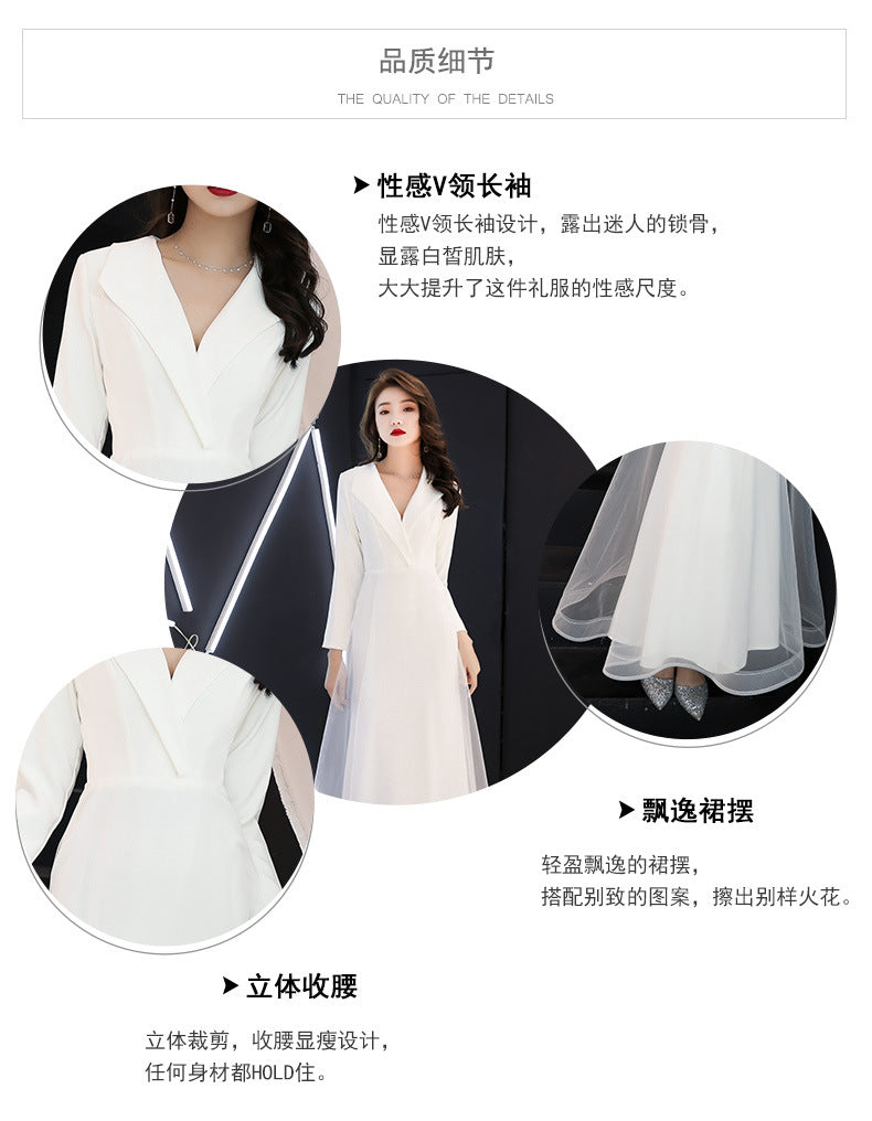 White Evening Dress Women's Long-Sleeved Annual Meeting Host Fishtail Dinner Dress 2024 New Socialite Long Temperament Slimming