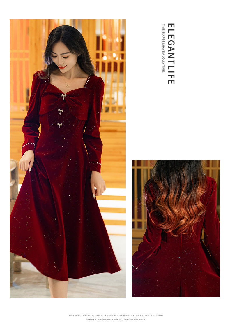 Toast Dress Bride Wine Red Spring and Autumn Wine Red Wedding Back-to-Door Dress Small Size Dress Daily Style