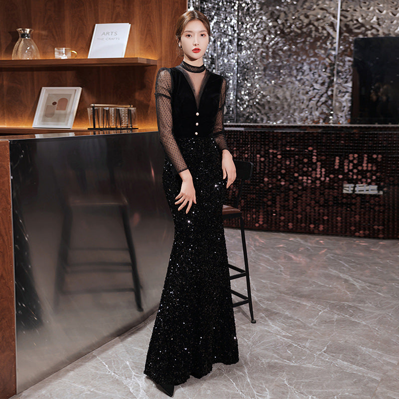 Black Velvet Evening Dress 2024 New Temperament Banquet Fishtail Vocal Dress Art Exam Long Sleeve Host Clothing