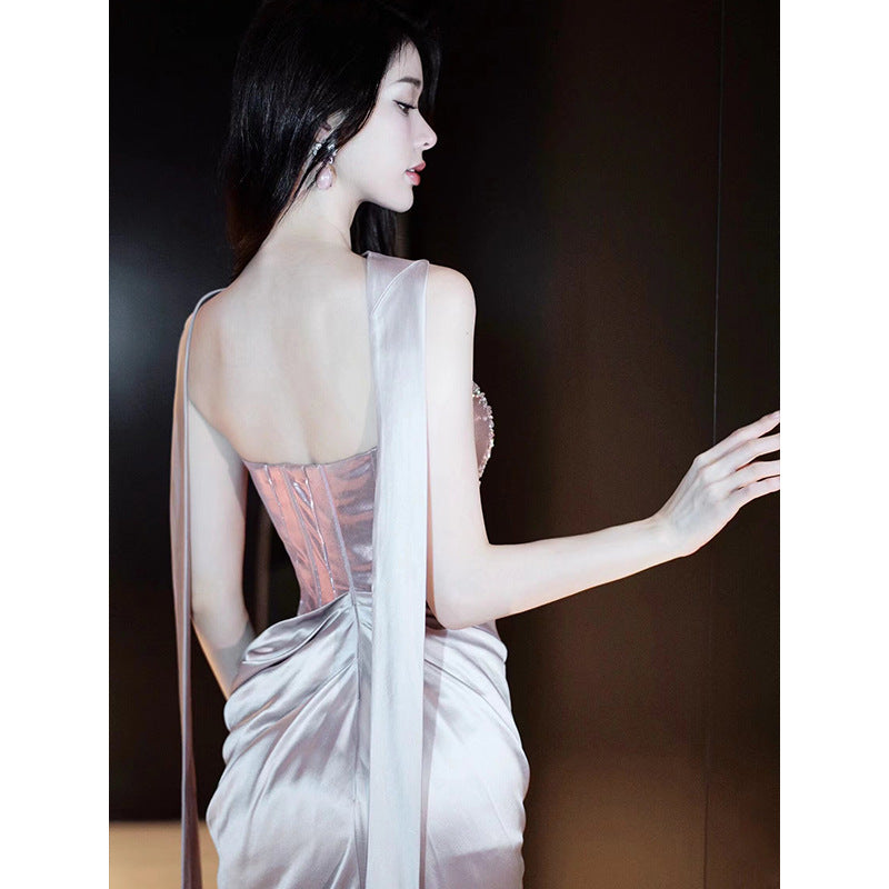 Pink Toast Clothing Morning Gowns 2024 New High Sense Banquet Temperament Host Tube Top Bride Engagement Formal Dress Female