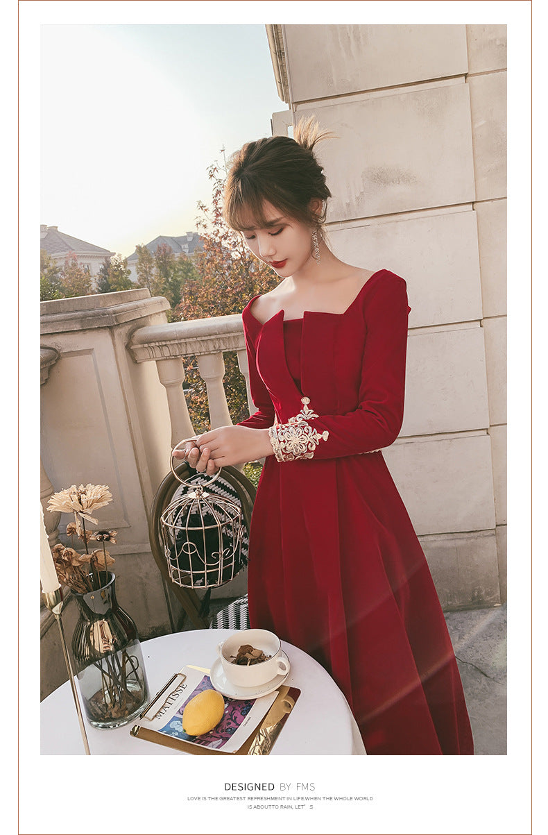 Toast Dress Bride 2024 New Autumn Velvet Long-Sleeved Red Back-to-Door Dinner Dress Marriage Engagement Toast