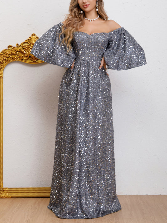 Foreign Trade Factory Direct Sales New Sequins Temperament Commute Solid Color High Waist Lina Group Host Banquet Long Evening Dress