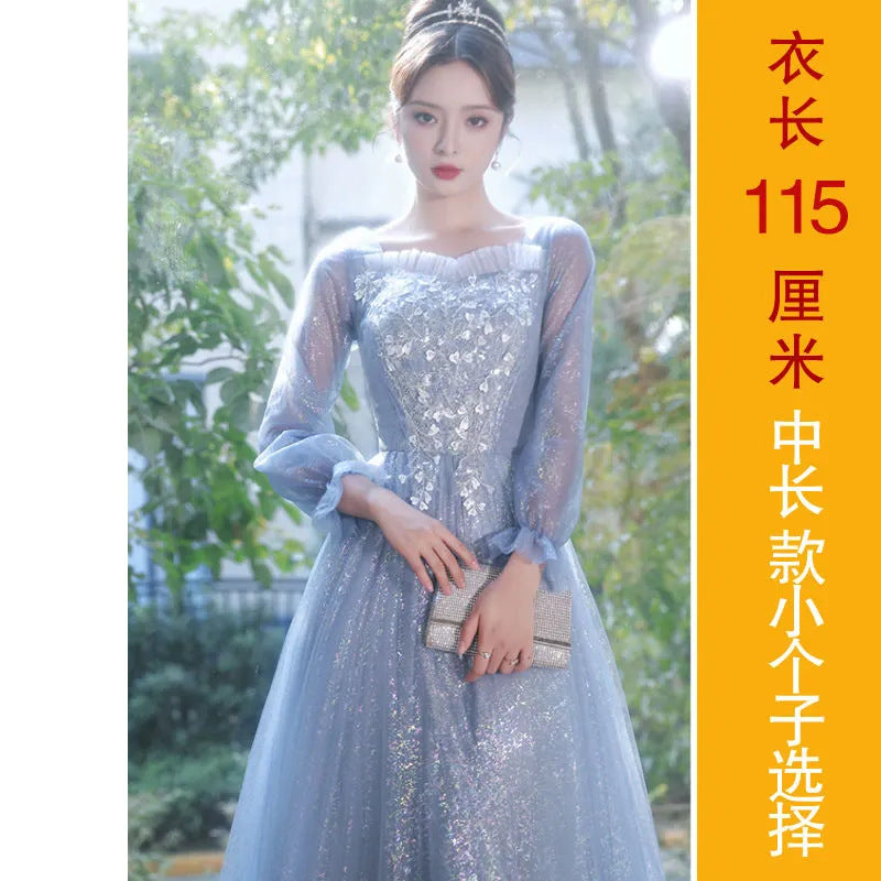 High-End Blue Dress High-End Sense Banquet Host Fairy Vocal Music Student Art Exam Dress Student Performance Dress