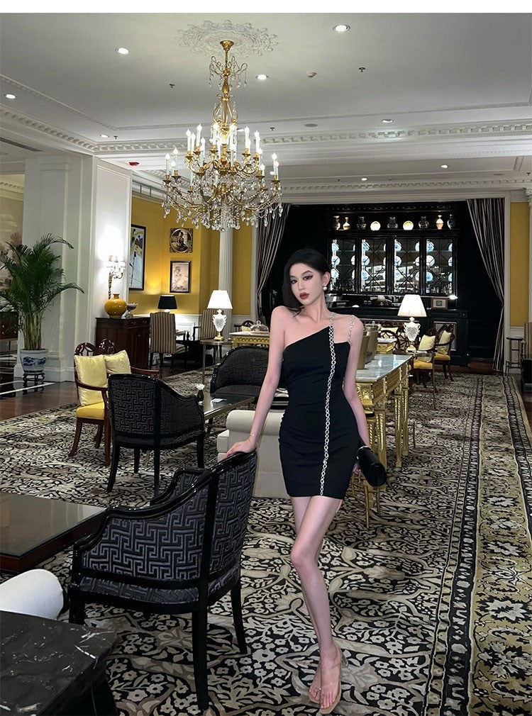 Sexy Irregular Spaghetti-Strap Dress Women's Spring and Summer French Pure Hot Girl Temperament Waist-Controlled Banquet Dress Black Dress