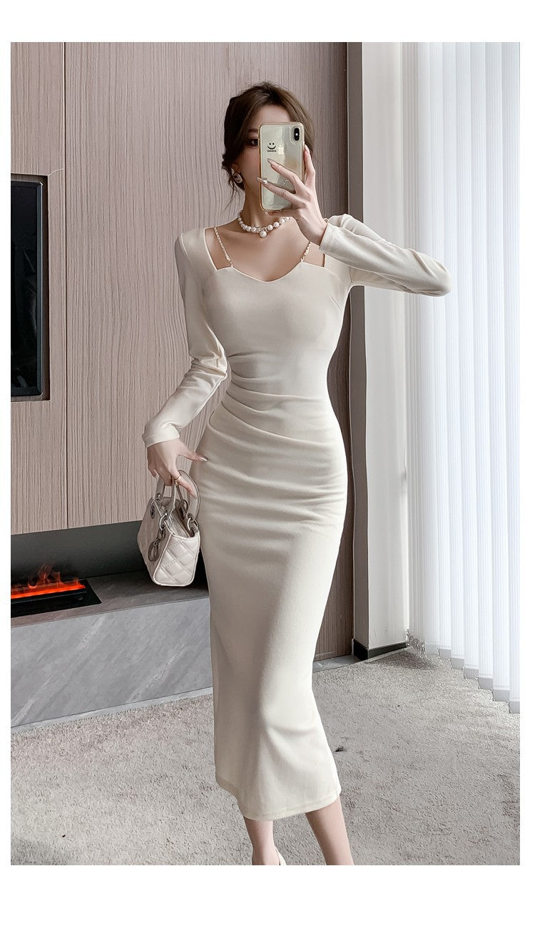 Chic French Style Chain Square Collar Dress Women's Elegant Bodycon Sheath Dress Niche Split Evening Dress Isn