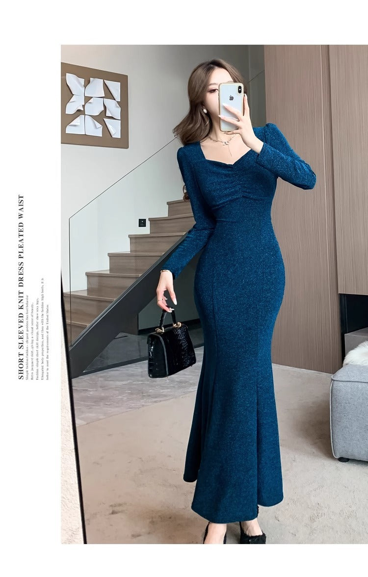 High-End Square Collar Long Sleeve Fishtail Dress Spring Fashion Graceful Formal Dress Sexy Slimming Beam Waist Hip Skirt