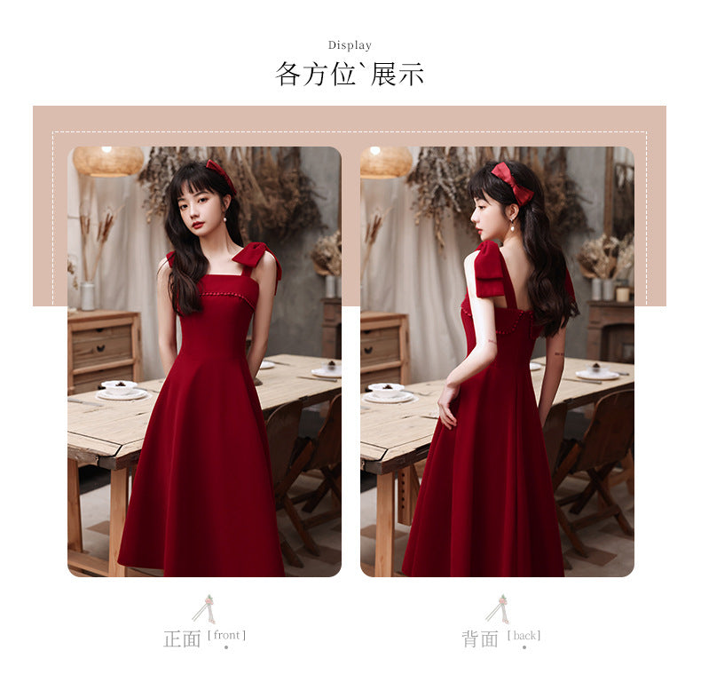 Toast Dress Bride Spring Short Small Wine Red Daily Style Back-to-Door Casual Wear Sling Female Engagement Dress