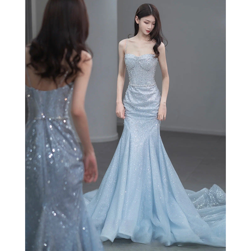 Fishtail Evening Dress High-Grade Model Catwalk Student Art Exam Toast Dress Bride Super Fairy Blue French Strap